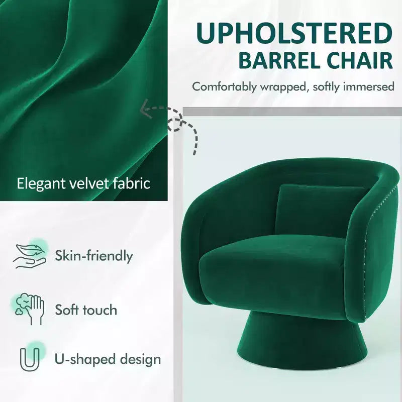 Mid Century Swivel Accent Chair 360 Green Upholstered Barrel Chair with Lumbar Pillow