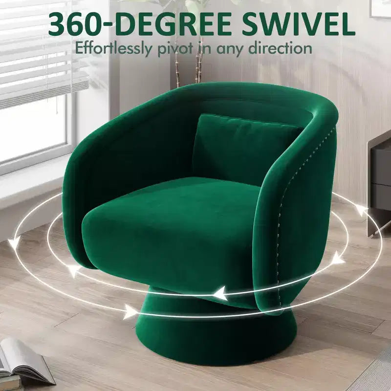 Mid Century Swivel Accent Chair 360 Green Upholstered Barrel Chair with Lumbar Pillow