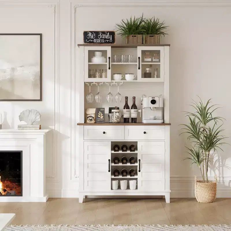 Country Style Versatile Sideboard Storage Cabinet, 2 Glass Doors, 2 Drawers with Glass Holder, Perfect for Kitchen, Dining Room & Living Room