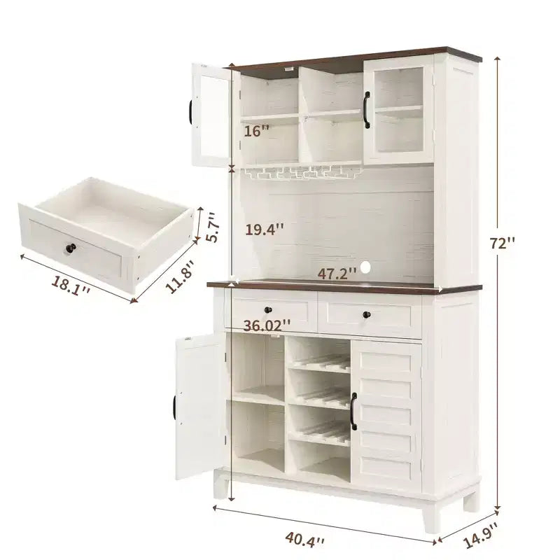 Country Style Versatile Sideboard Storage Cabinet, 2 Glass Doors, 2 Drawers with Glass Holder, Perfect for Kitchen, Dining Room & Living Room