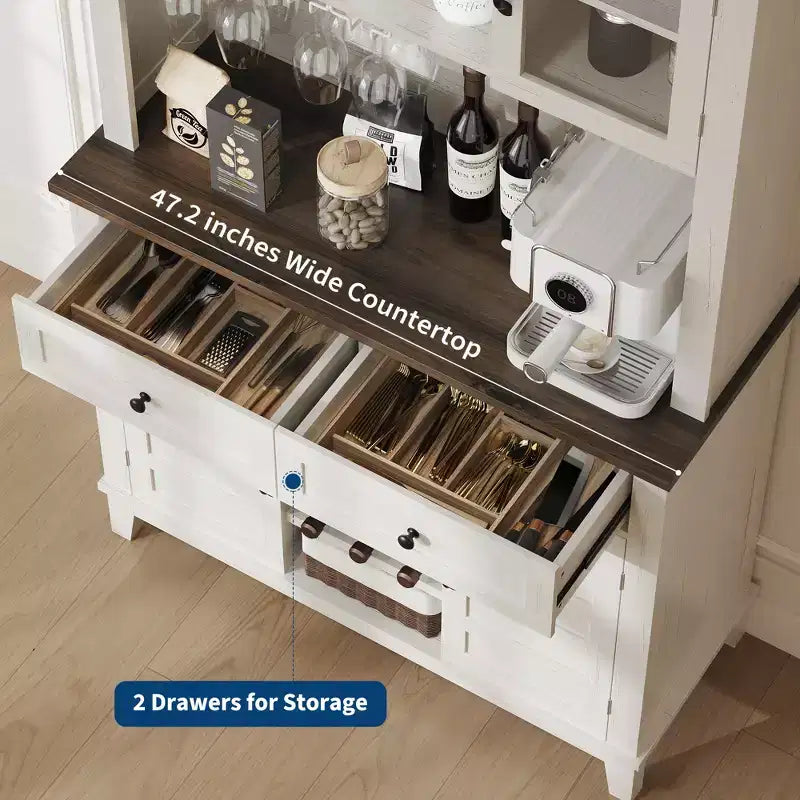 Country Style Versatile Sideboard Storage Cabinet, 2 Glass Doors, 2 Drawers with Glass Holder, Perfect for Kitchen, Dining Room & Living Room