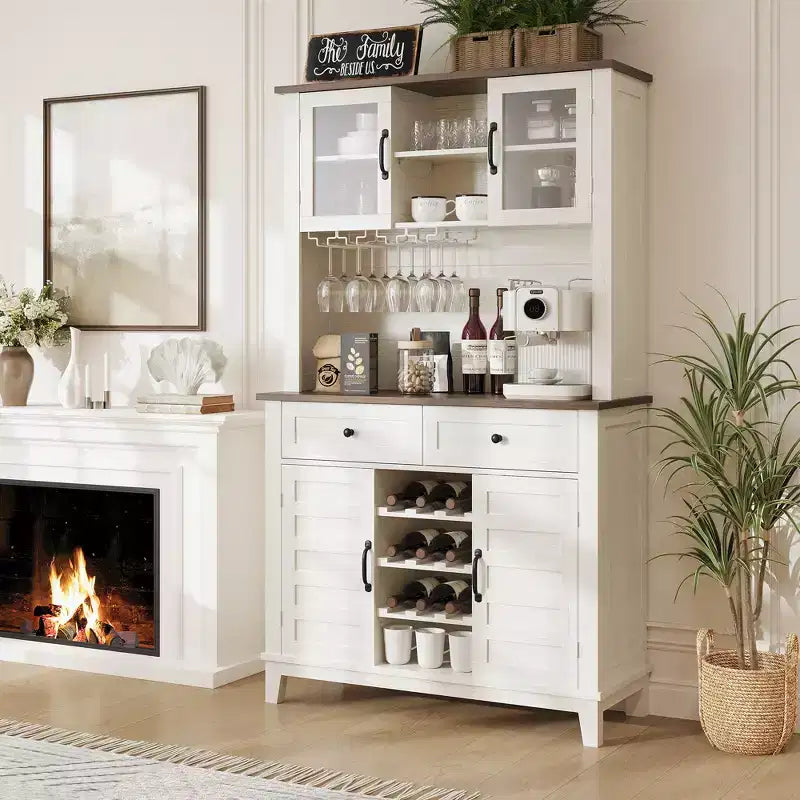Country Style Versatile Sideboard Storage Cabinet, 2 Glass Doors, 2 Drawers with Glass Holder, Perfect for Kitchen, Dining Room & Living Room