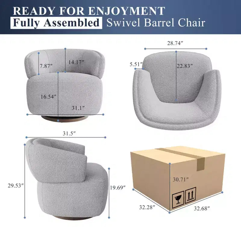 Swivel Barrel Chair with Solid Wood Frame, Round Upholstered Accent Armchair for Small Spaces