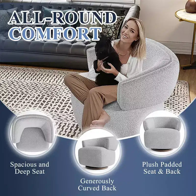 Swivel Barrel Chair with Solid Wood Frame, Round Upholstered Accent Armchair for Small Spaces