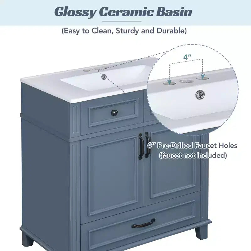 JVNOXK 30 Retro Freestanding Bathroom Vanity with Ceramic Sink, Blue Solid Wood Storage Cabinet with Soft Closing Doors for Powder Room