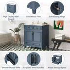 JVNOXK 30 Retro Freestanding Bathroom Vanity with Ceramic Sink, Blue Solid Wood Storage Cabinet with Soft Closing Doors for Powder Room