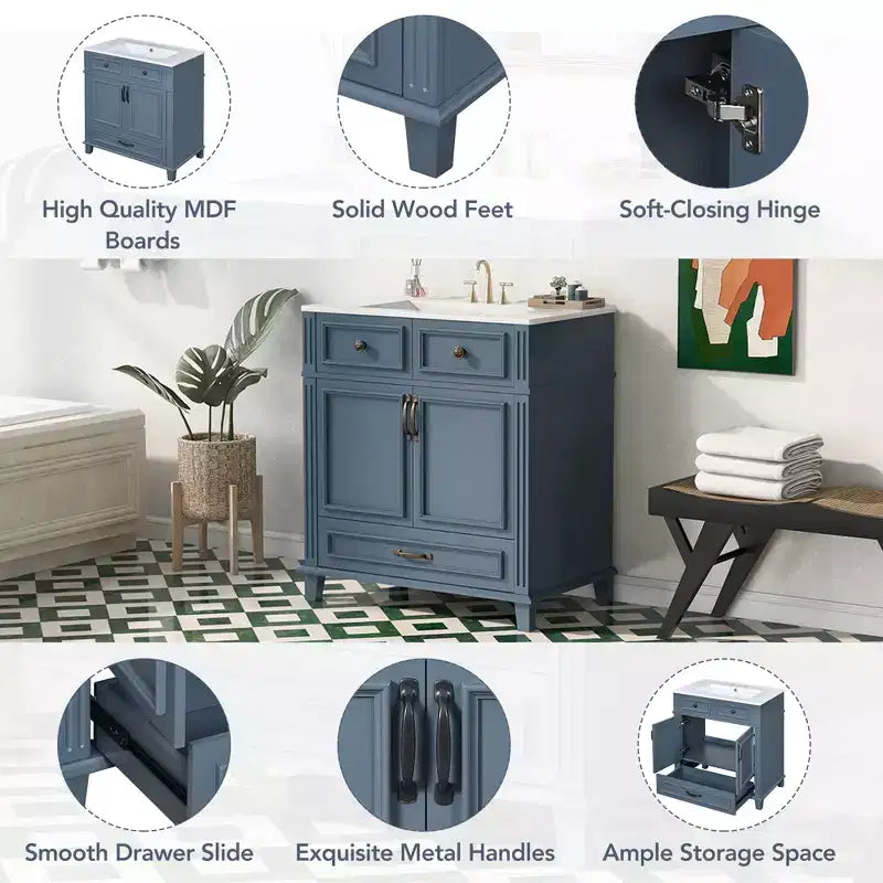 JVNOXK 30 Retro Freestanding Bathroom Vanity with Ceramic Sink, Blue Solid Wood Storage Cabinet with Soft Closing Doors for Powder Room