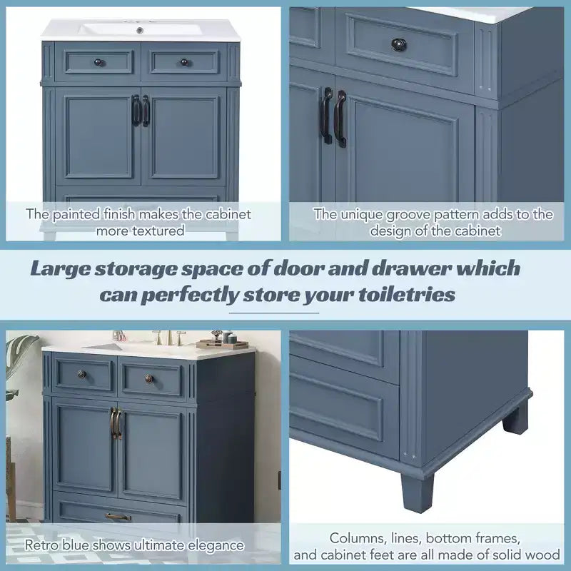JVNOXK 30 Retro Freestanding Bathroom Vanity with Ceramic Sink, Blue Solid Wood Storage Cabinet with Soft Closing Doors for Powder Room