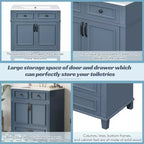 JVNOXK 30 Retro Freestanding Bathroom Vanity with Ceramic Sink, Blue Solid Wood Storage Cabinet with Soft Closing Doors for Powder Room