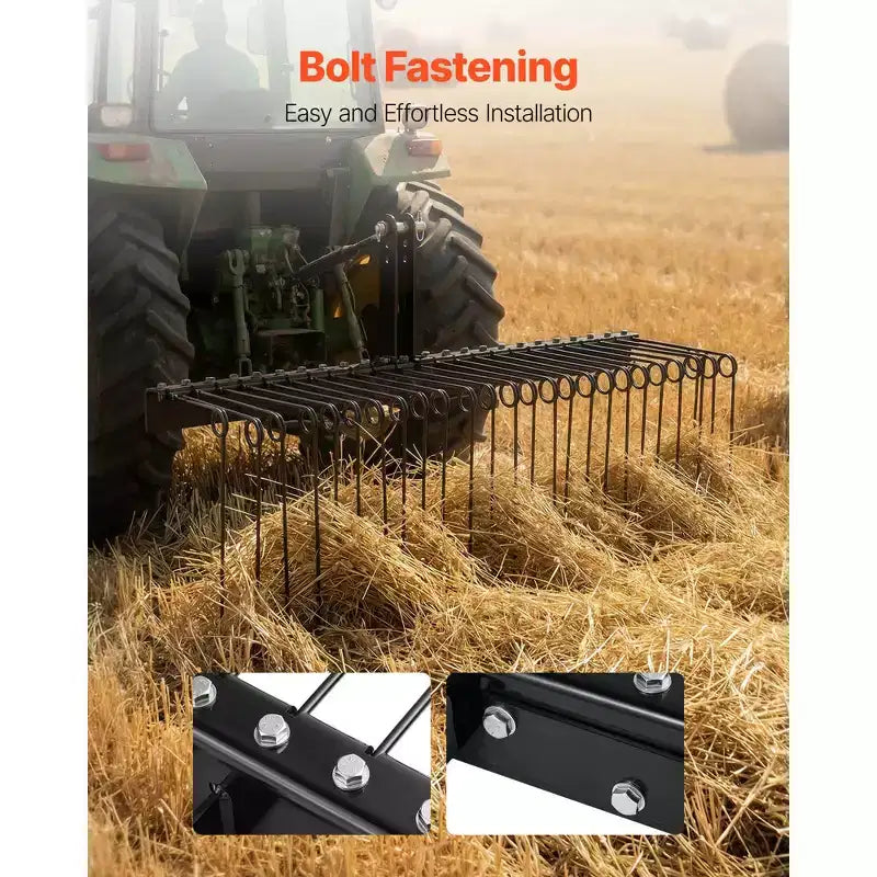 VEVOR 60 in Tow Behind Landscape Rake, 3 Point Hitch Lawn Dethatcher Rake, 26 Spring Steel Tines, for Category 1 Tractors, Rust-Resistant, Black