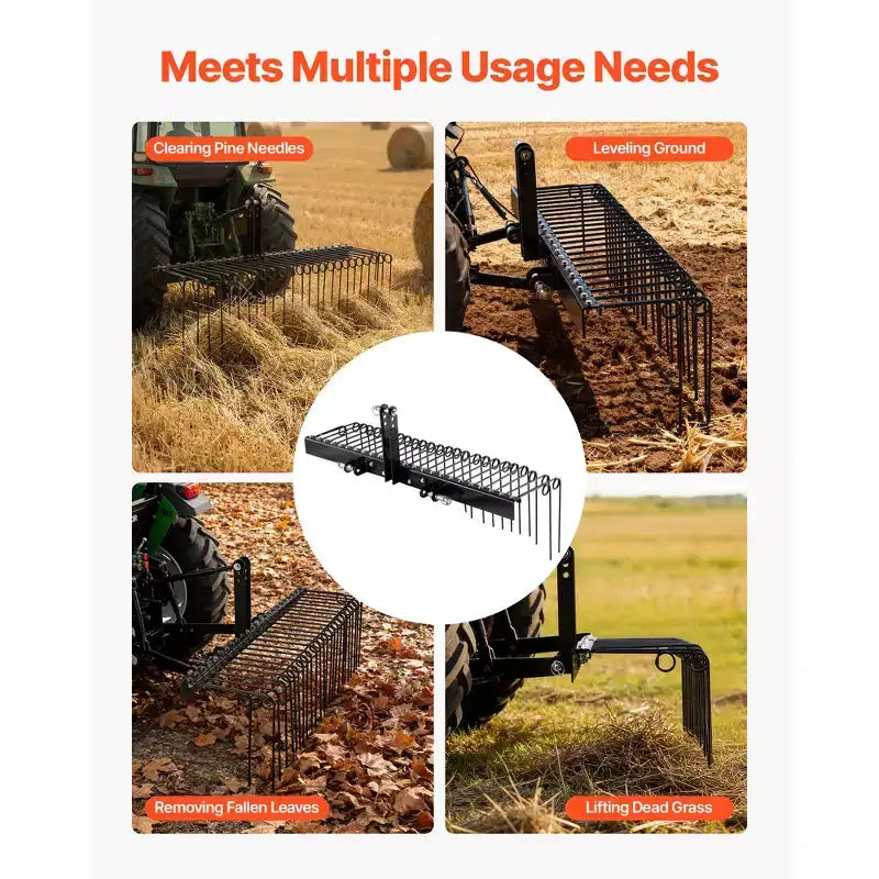 VEVOR 60 in Tow Behind Landscape Rake, 3 Point Hitch Lawn Dethatcher Rake, 26 Spring Steel Tines, for Category 1 Tractors, Rust-Resistant, Black