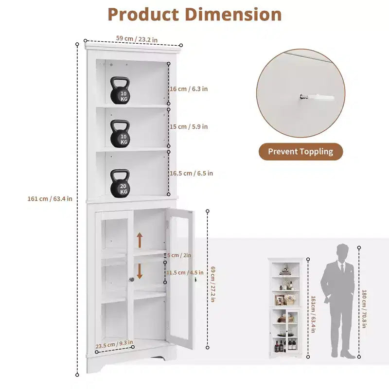 Freestanding Corner Cabinet with Glass Doors - Tall Bookcase - Adjustable Shelves - Modern Space-Saving Storage