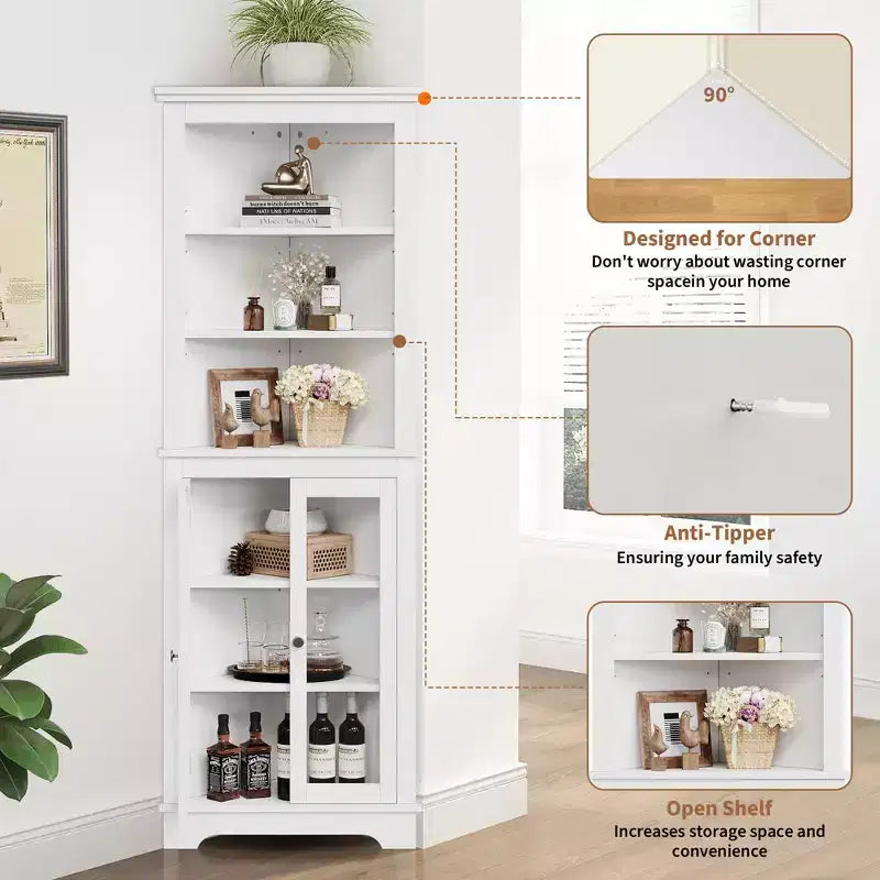 Freestanding Corner Cabinet with Glass Doors - Tall Bookcase - Adjustable Shelves - Modern Space-Saving Storage