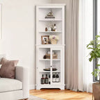 Freestanding Corner Cabinet with Glass Doors - Tall Bookcase - Adjustable Shelves - Modern Space-Saving Storage