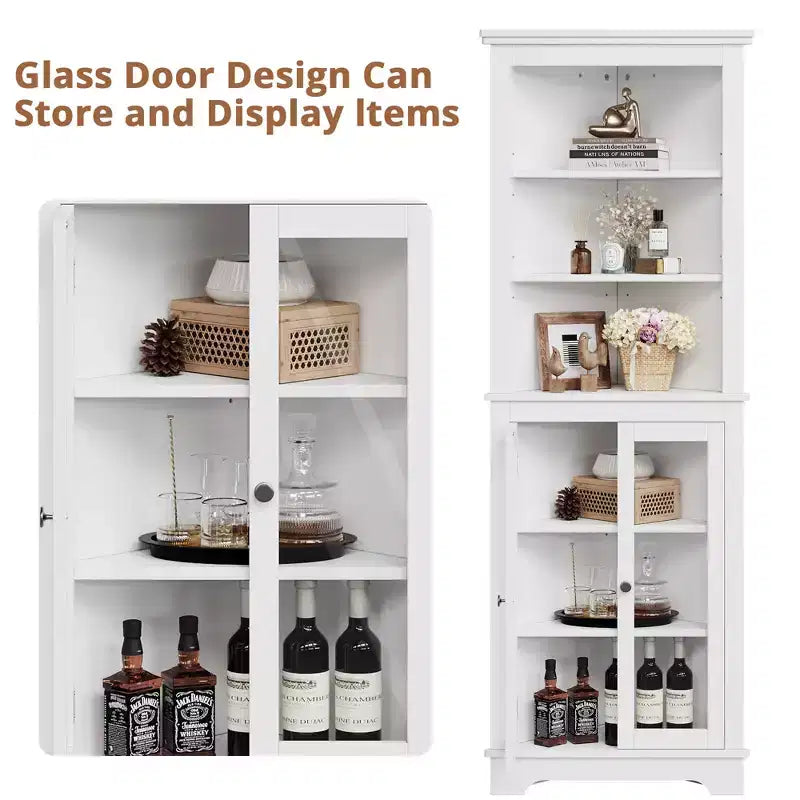 Freestanding Corner Cabinet with Glass Doors - Tall Bookcase - Adjustable Shelves - Modern Space-Saving Storage