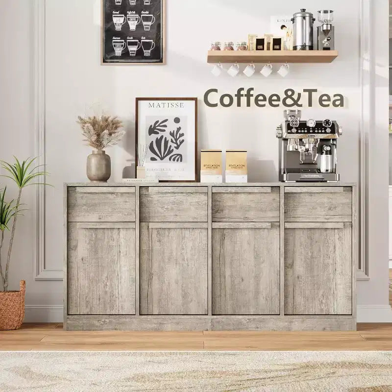 62.4 Sideboard Buffet Cabinet, Large Coffee Cabinet with 4 Doors & 4 Drawers, Modern Storage Cabinet with Adjustable Shelves,Wood Coffee Bar Station