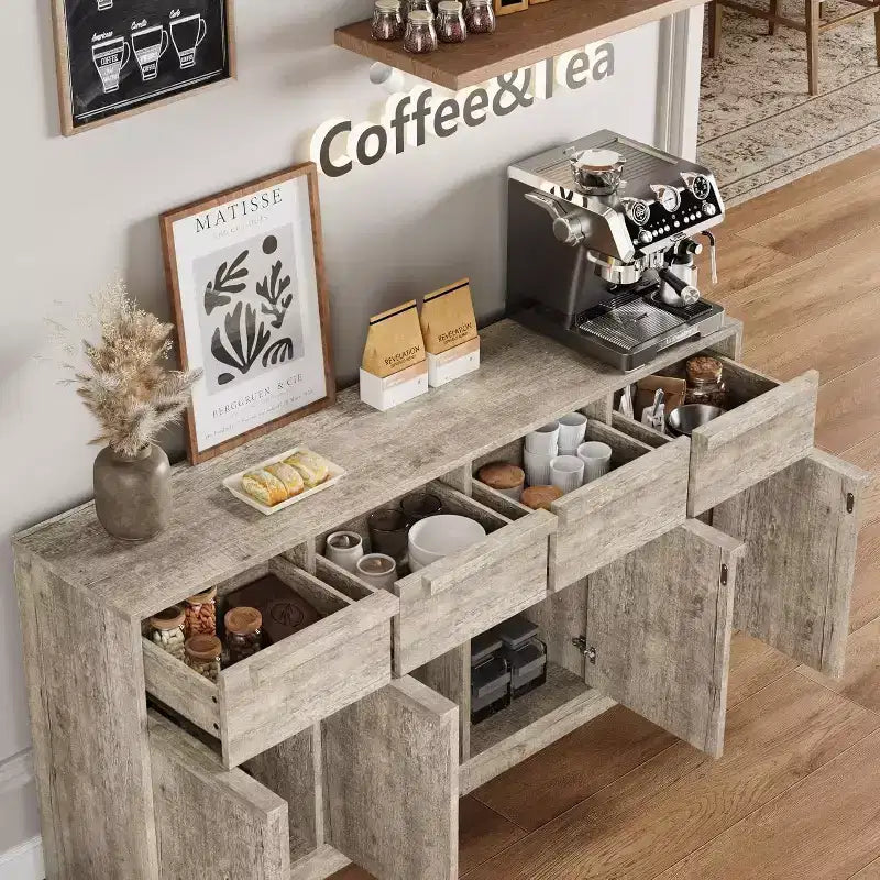 62.4 Sideboard Buffet Cabinet, Large Coffee Cabinet with 4 Doors & 4 Drawers, Modern Storage Cabinet with Adjustable Shelves,Wood Coffee Bar Station