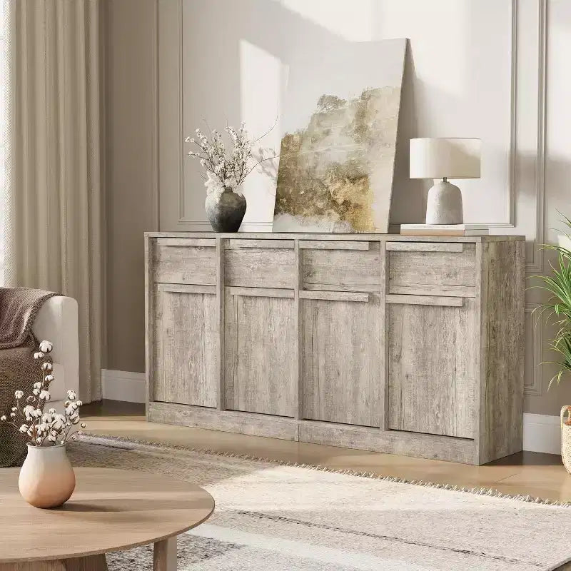 62.4 Sideboard Buffet Cabinet, Large Coffee Cabinet with 4 Doors & 4 Drawers, Modern Storage Cabinet with Adjustable Shelves,Wood Coffee Bar Station
