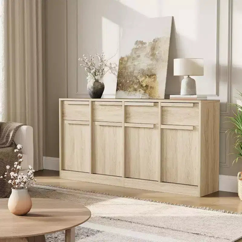 62.4 Sideboard Buffet Cabinet, Large Coffee Cabinet with 4 Doors & 4 Drawers, Modern Storage Cabinet with Adjustable Shelves,Wood Coffee Bar Station