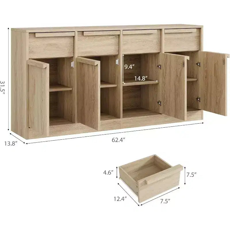 62.4 Sideboard Buffet Cabinet, Large Coffee Cabinet with 4 Doors & 4 Drawers, Modern Storage Cabinet with Adjustable Shelves,Wood Coffee Bar Station