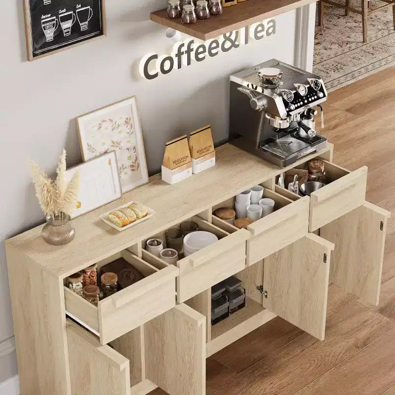 62.4 Sideboard Buffet Cabinet, Large Coffee Cabinet with 4 Doors & 4 Drawers, Modern Storage Cabinet with Adjustable Shelves,Wood Coffee Bar Station
