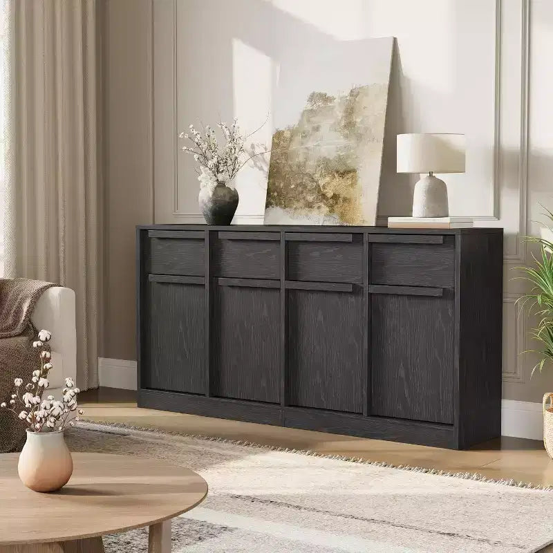 62.4 Sideboard Buffet Cabinet, Large Coffee Cabinet with 4 Doors & 4 Drawers, Modern Storage Cabinet with Adjustable Shelves,Wood Coffee Bar Station