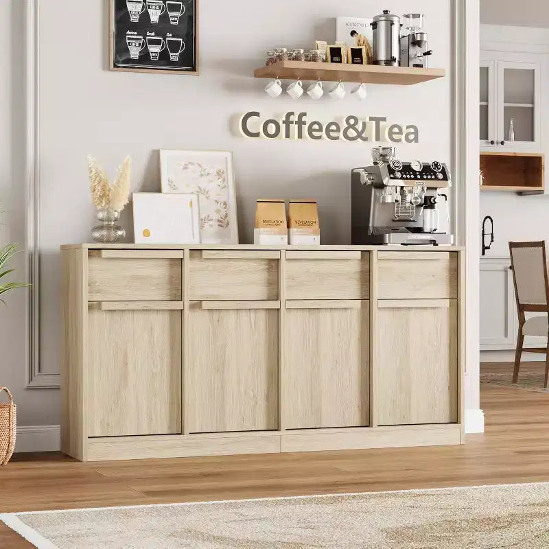 62.4 Sideboard Buffet Cabinet, Large Coffee Cabinet with 4 Doors & 4 Drawers, Modern Storage Cabinet with Adjustable Shelves,Wood Coffee Bar Station