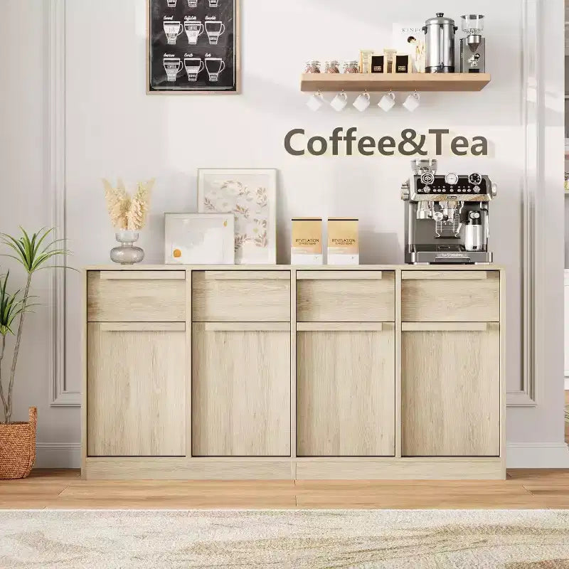 62.4 Sideboard Buffet Cabinet, Large Coffee Cabinet with 4 Doors & 4 Drawers, Modern Storage Cabinet with Adjustable Shelves,Wood Coffee Bar Station