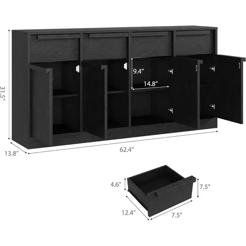 62.4 Sideboard Buffet Cabinet, Large Coffee Cabinet with 4 Doors & 4 Drawers, Modern Storage Cabinet with Adjustable Shelves,Wood Coffee Bar Station