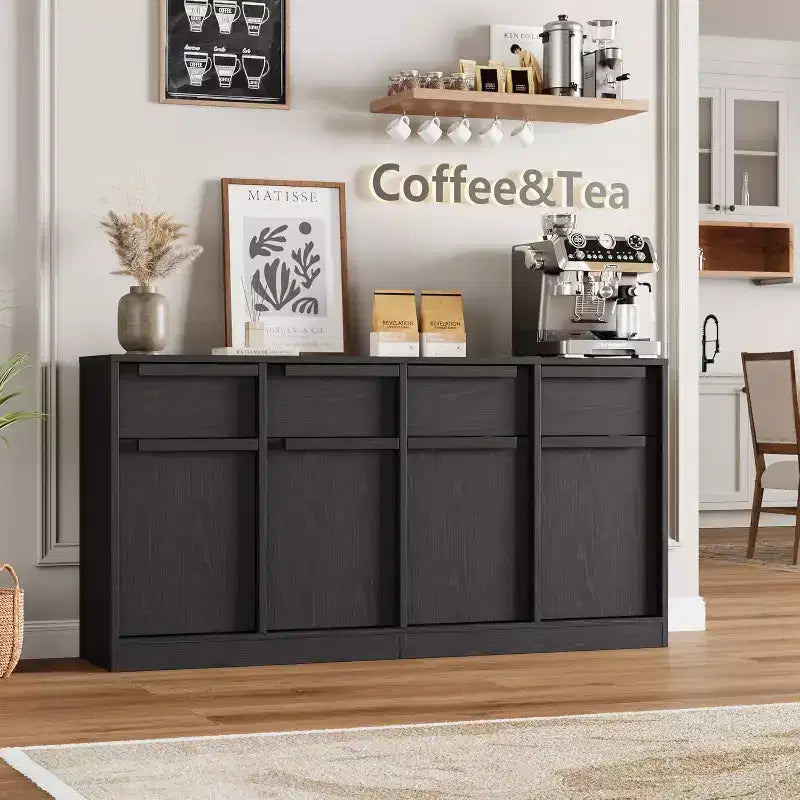 62.4 Sideboard Buffet Cabinet, Large Coffee Cabinet with 4 Doors & 4 Drawers, Modern Storage Cabinet with Adjustable Shelves,Wood Coffee Bar Station