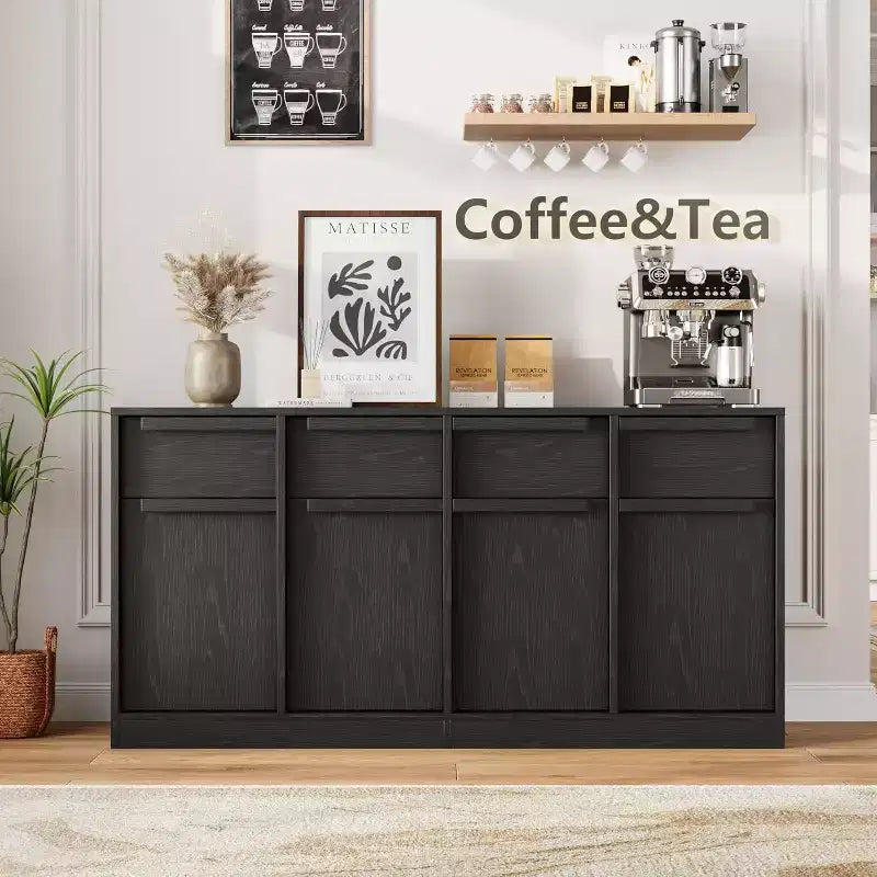 62.4 Sideboard Buffet Cabinet, Large Coffee Cabinet with 4 Doors & 4 Drawers, Modern Storage Cabinet with Adjustable Shelves,Wood Coffee Bar Station