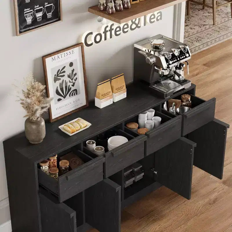 62.4 Sideboard Buffet Cabinet, Large Coffee Cabinet with 4 Doors & 4 Drawers, Modern Storage Cabinet with Adjustable Shelves,Wood Coffee Bar Station