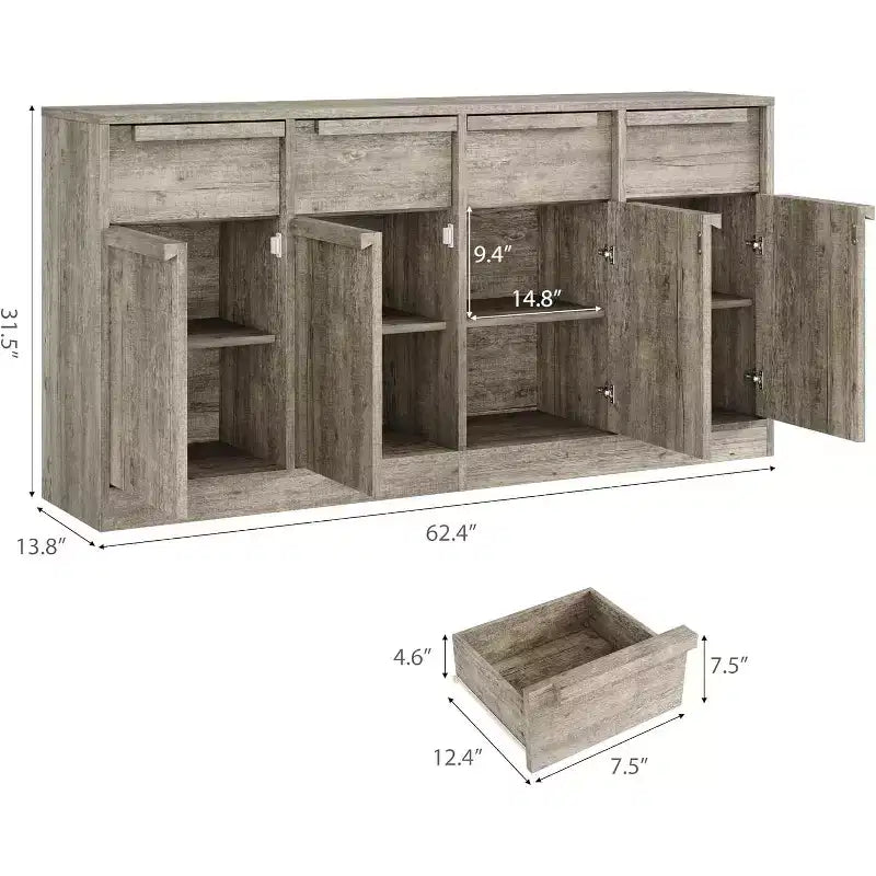 62.4 Sideboard Buffet Cabinet, Large Coffee Cabinet with 4 Doors & 4 Drawers, Modern Storage Cabinet with Adjustable Shelves,Wood Coffee Bar Station