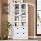 Farmhouse Kitchen Pantry Cabinet with Glass Doors, 72in Storage Cupboard with Drawers and Adjustable Shelves for Dining Room Bathroom Living Room