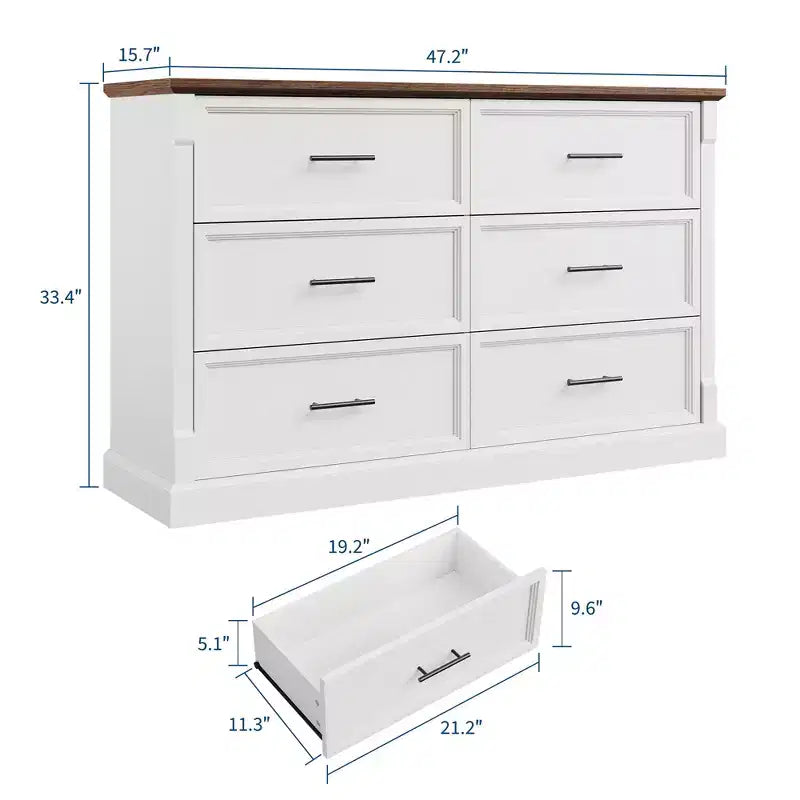 Farmhouse 6 Drawer Dresser, Wood Chest of Drawers, Modern Double Dresser Storage Cabinet, for Bedroom, Living Room
