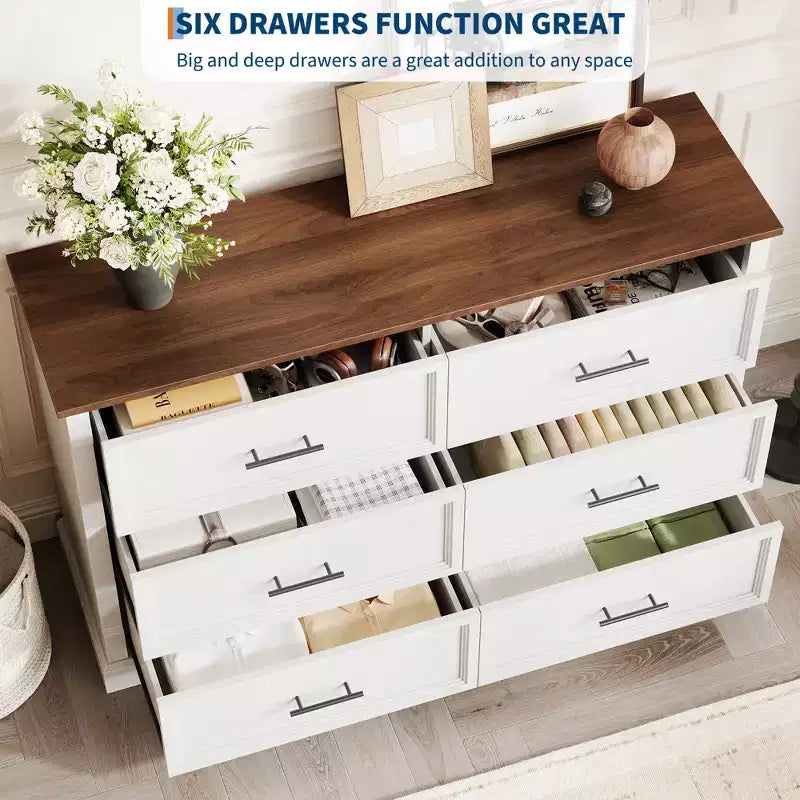 Farmhouse 6 Drawer Dresser, Wood Chest of Drawers, Modern Double Dresser Storage Cabinet, for Bedroom, Living Room