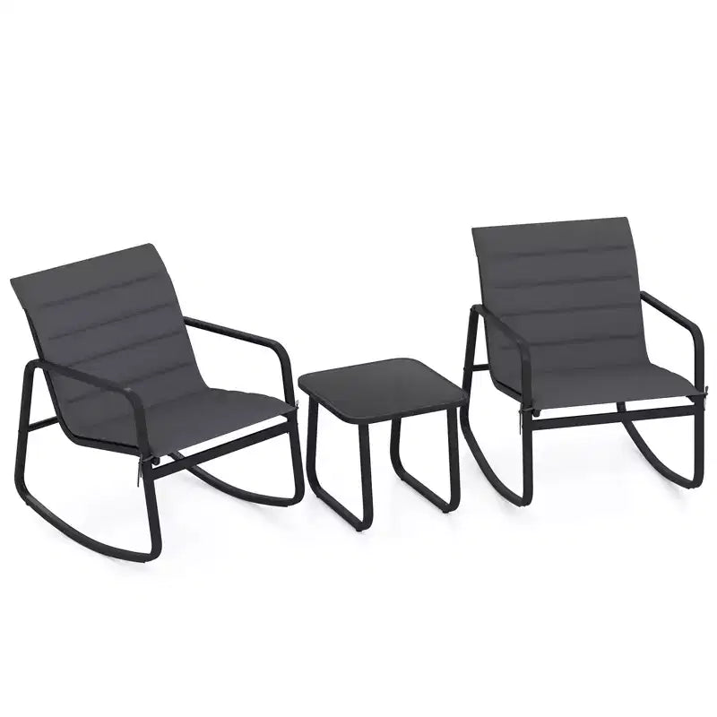 Gymax 3PCS Outdoor Rocking Bistro Set w/Tempered Glass Table Soft Cushions for Garden