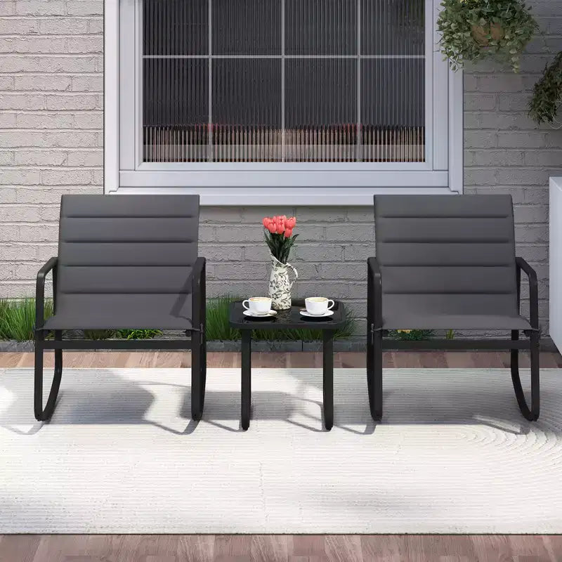 Gymax 3PCS Outdoor Rocking Bistro Set w/Tempered Glass Table Soft Cushions for Garden