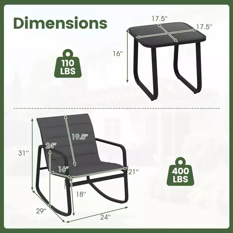 Gymax 3PCS Outdoor Rocking Bistro Set w/Tempered Glass Table Soft Cushions for Garden