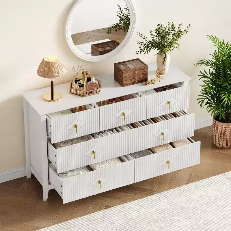54 Wide Modern Fluted Chest of Drawers, 7 Drawers Wooden Dresser with Metal Handle, Storage Organizer for Bedroom, Living Room & Hallway
