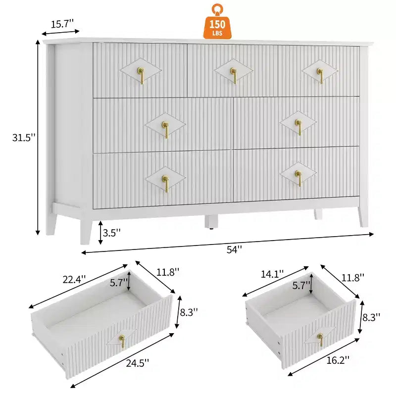 54 Wide Modern Fluted Chest of Drawers, 7 Drawers Wooden Dresser with Metal Handle, Storage Organizer for Bedroom, Living Room & Hallway