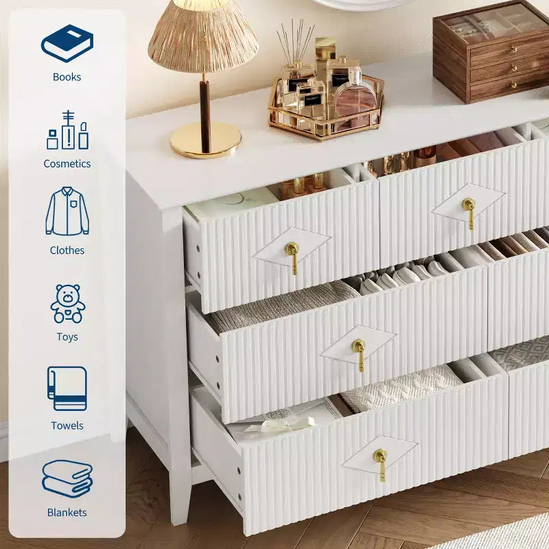 54 Wide Modern Fluted Chest of Drawers, 7 Drawers Wooden Dresser with Metal Handle, Storage Organizer for Bedroom, Living Room & Hallway
