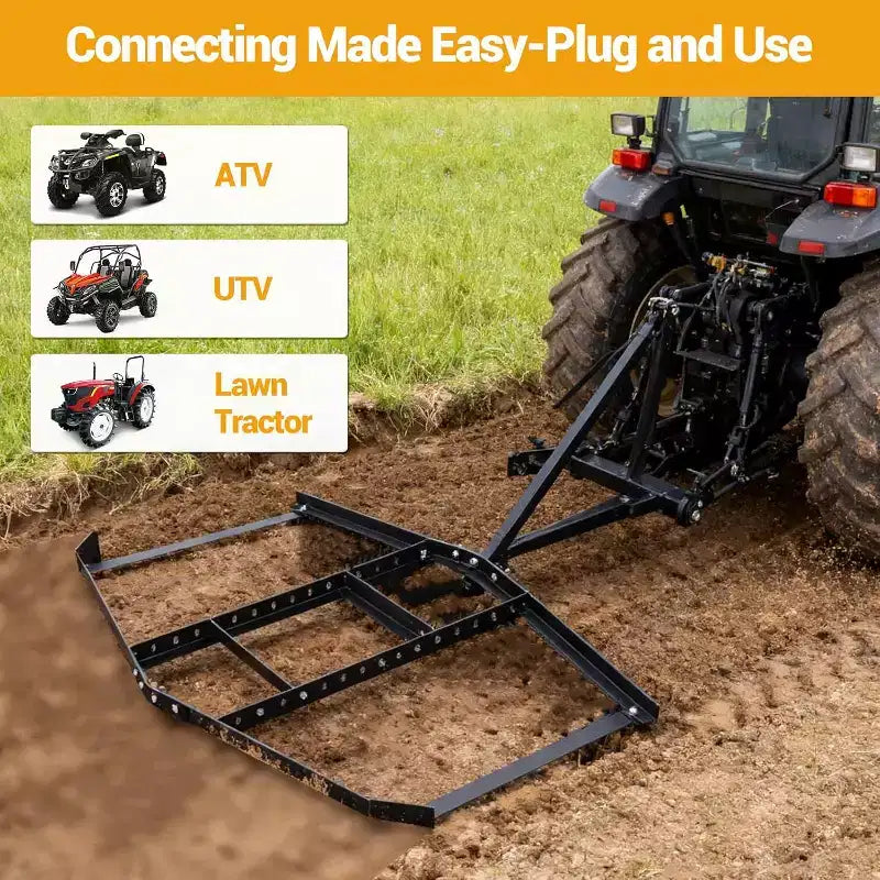 Heavy-Duty Steel Driveway Drag Harrow, 66 Width, Adjustable Bars & Pin Hitch, Supports Up to 50 lbs, for ATV/UTV/Lawn Tractor