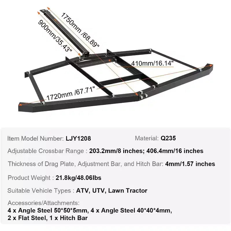 Heavy-Duty Steel Driveway Drag Harrow, 66 Width, Adjustable Bars & Pin Hitch, Supports Up to 50 lbs, for ATV/UTV/Lawn Tractor