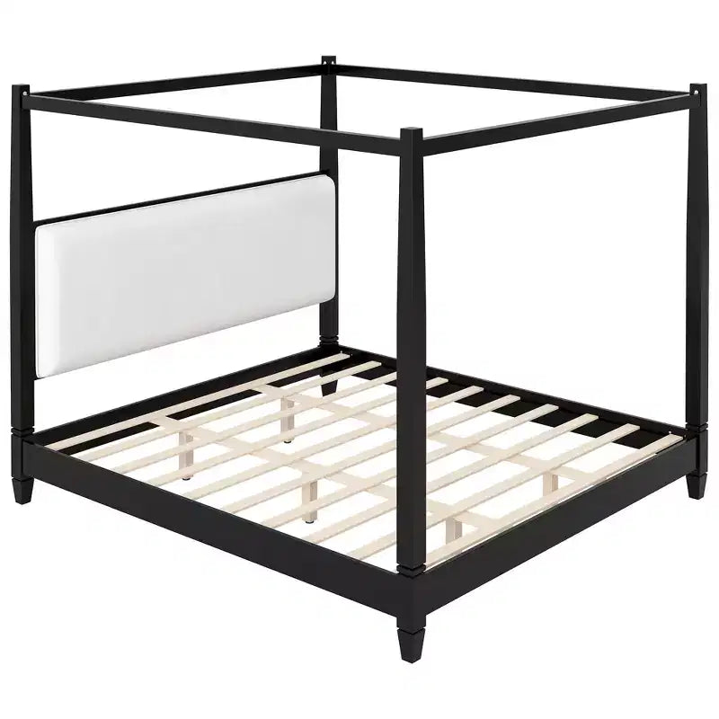 GDFStudio Reyes Canopy Platform Bed with Upholstery Headboard and Wooden Slat Support Legs
