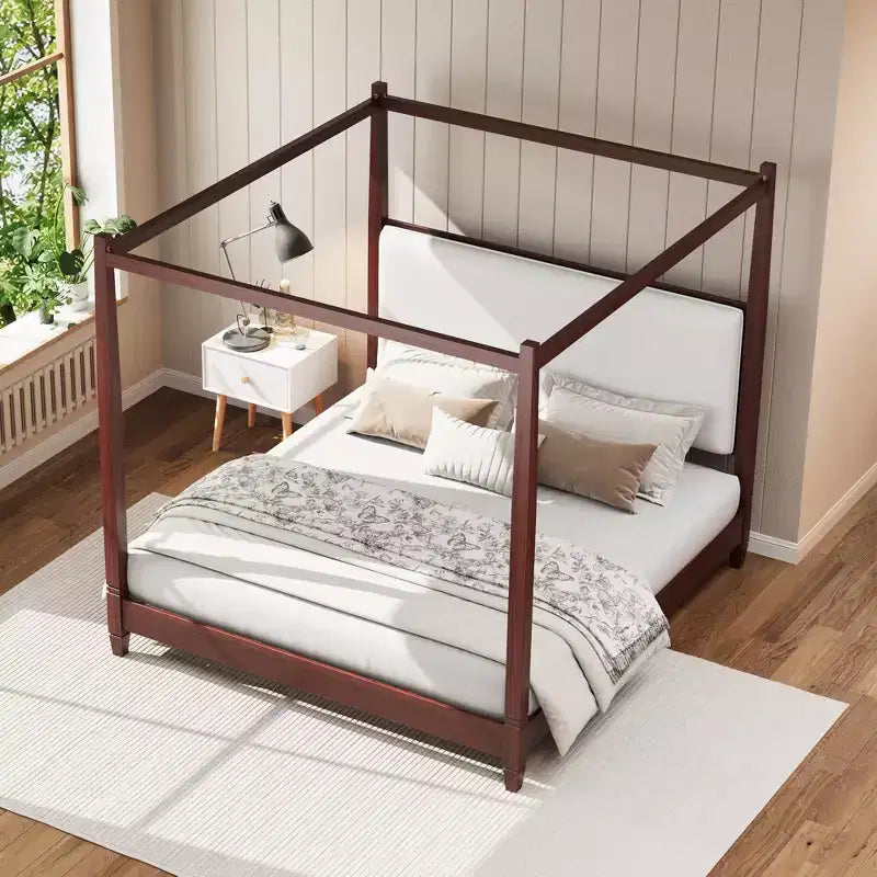 GDFStudio Reyes Canopy Platform Bed with Upholstery Headboard and Wooden Slat Support Legs