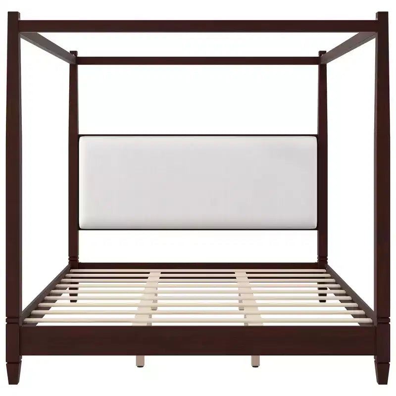 GDFStudio Reyes Canopy Platform Bed with Upholstery Headboard and Wooden Slat Support Legs
