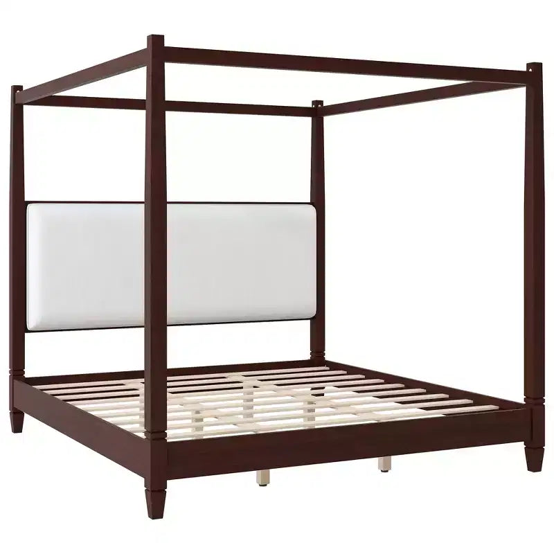 GDFStudio Reyes Canopy Platform Bed with Upholstery Headboard and Wooden Slat Support Legs