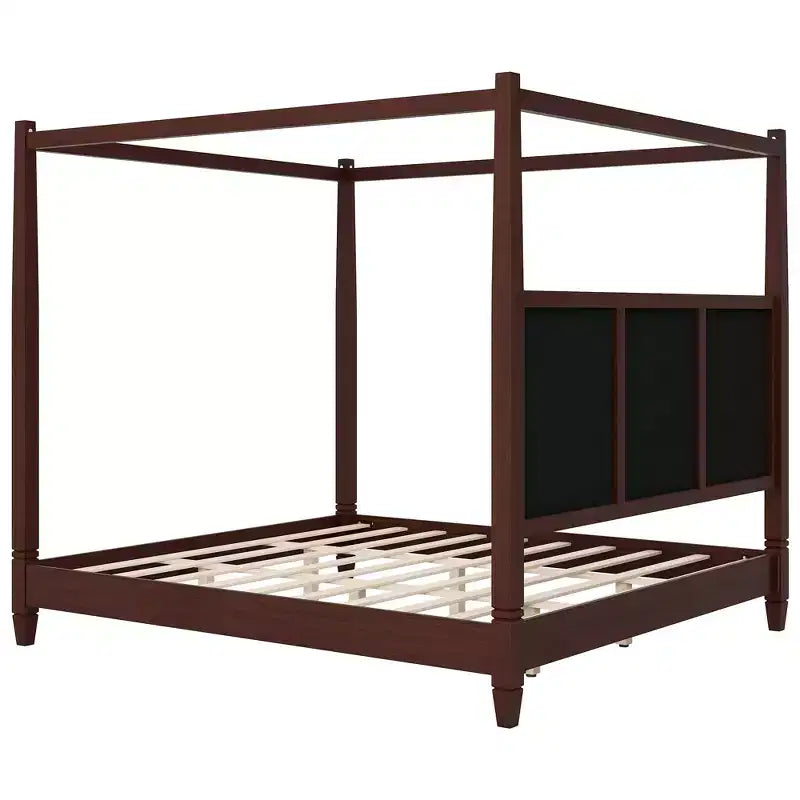 GDFStudio Reyes Canopy Platform Bed with Upholstery Headboard and Wooden Slat Support Legs