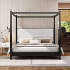 GDFStudio Reyes Canopy Platform Bed with Upholstery Headboard and Wooden Slat Support Legs